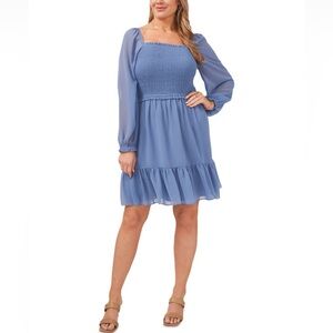 1.State Plus Size Smocked Dress Blue Ruffle Hem Long Sleeve 3X NWT